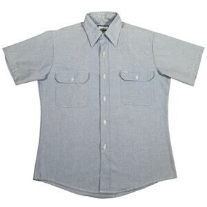 Vintage 70s Blue Chambray Short Sleeve Work Shirt Double Pocket USA Made M